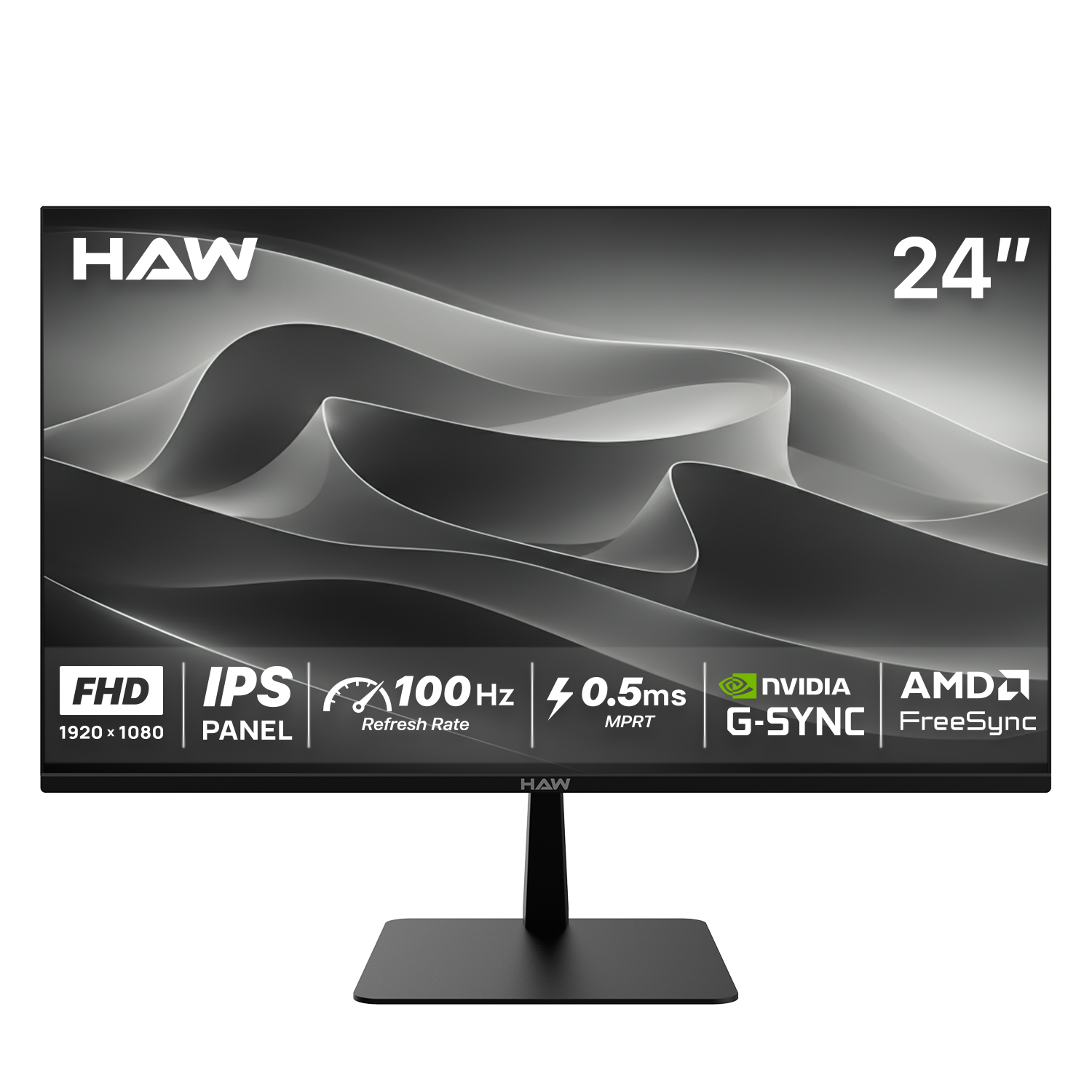 HAW F24IPX 24 Inch Gaming Monitor, FHD (1920×1080) IPS Display, 100Hz Refresh Rate, 0.5ms MPRT, G-Sync & FreeSync Compatible, Built-In Speakers, Flat Screen, PC & Console Ready - Black