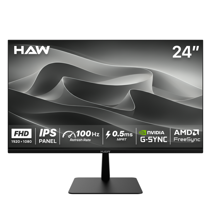 HAW F24IPX 24 Inch Gaming Monitor, FHD (1920×1080) IPS Display, 100Hz Refresh Rate, 0.5ms MPRT, G-Sync & FreeSync Compatible, Built-In Speakers, Flat Screen, PC & Console Ready - Black