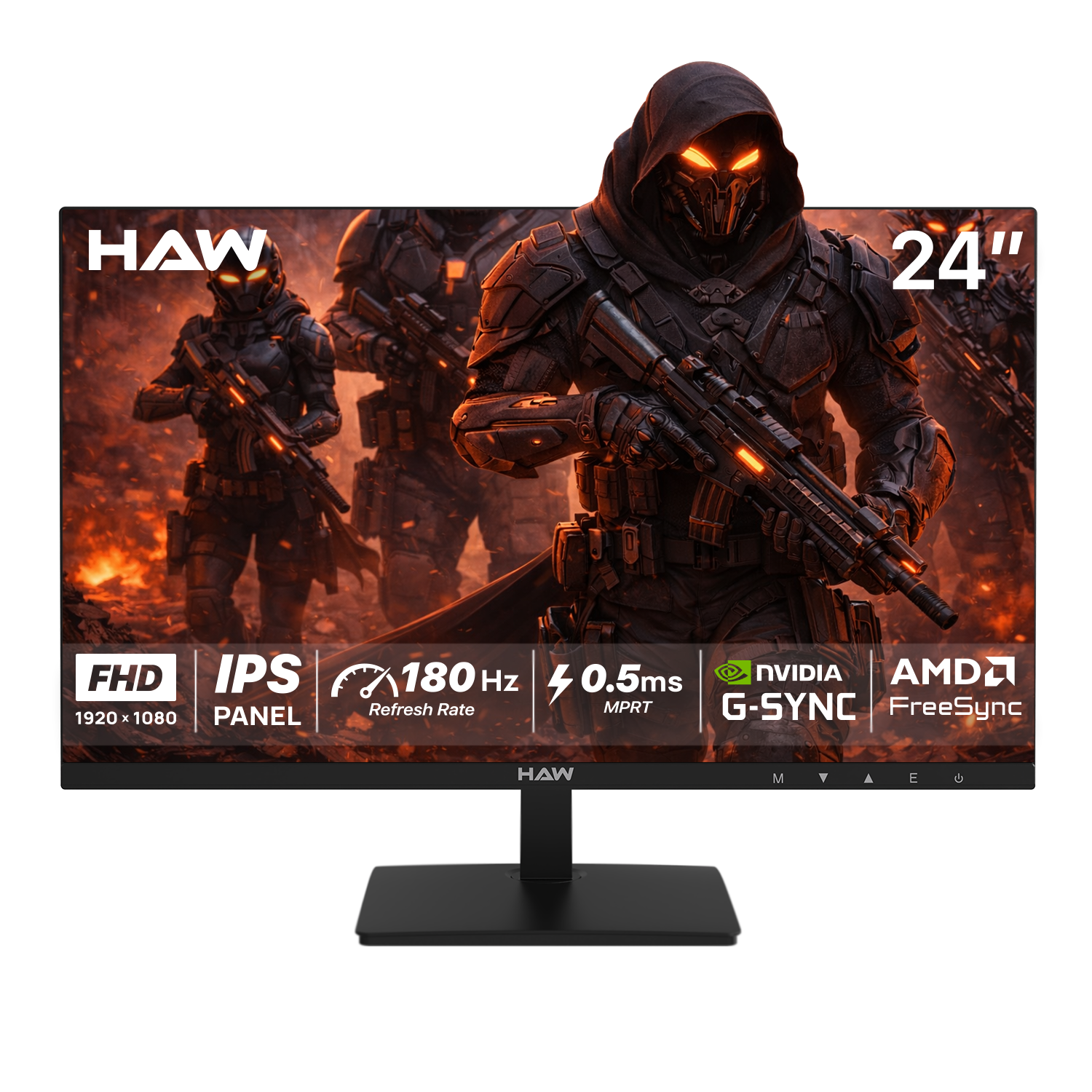 HAW F24IPY 24 Inch Gaming Monitor, FHD (1920×1080) IPS Display, 180Hz Refresh Rate, 0.5ms MPRT, G-Sync & FreeSync Compatible, Built-In Speakers, Flat Screen, PC & Console Ready - Black