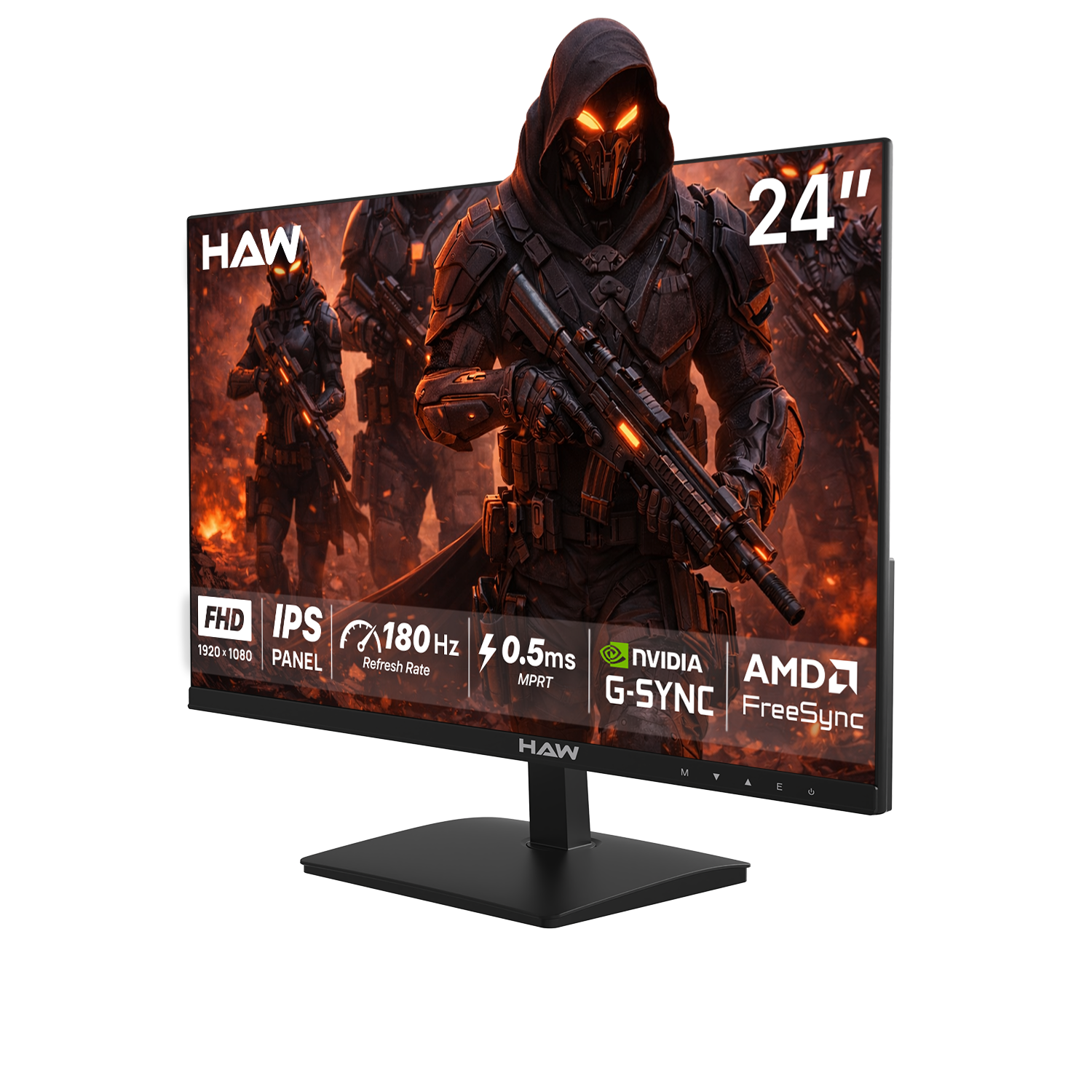 HAW F24IPY 24 Inch Gaming Monitor, FHD (1920×1080) IPS Display, 180Hz Refresh Rate, 0.5ms MPRT, G-Sync & FreeSync Compatible, Built-In Speakers, Flat Screen, PC & Console Ready - Black
