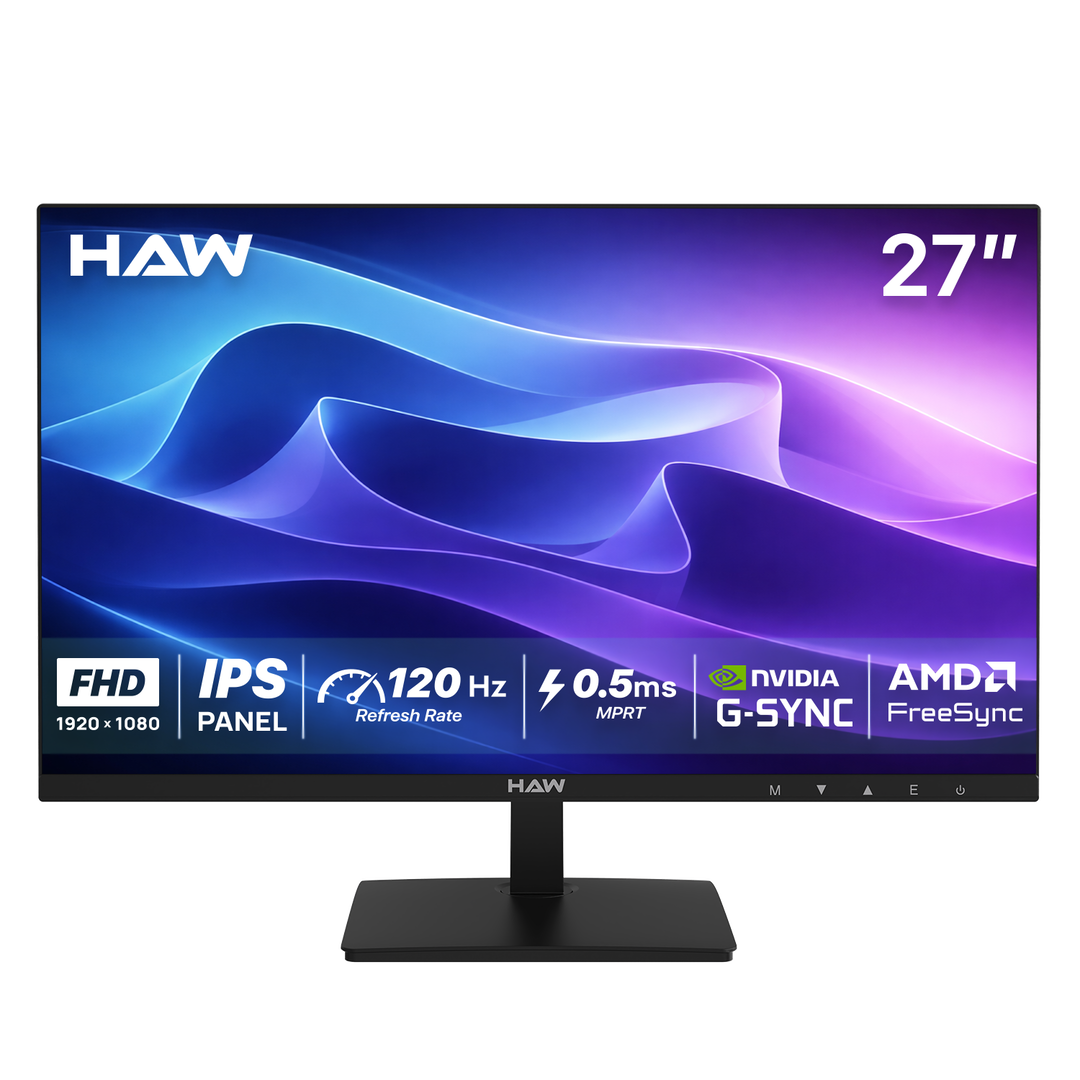 HAW F27IPX 27 Inch Gaming Monitor, FHD (1920×1080) IPS Display, 120Hz Refresh Rate, 0.5ms MPRT, G-Sync & FreeSync Compatible, Built-In Speakers, Flat Screen, PC & Console Ready - Black
