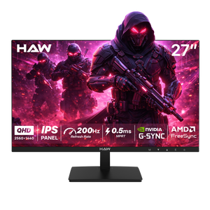 HAW Q27IPY1 27 Inch Gaming Monitor, QHD (2560×1440) IPS Display, 200Hz Refresh Rate, 0.5ms MPRT, G-Sync & FreeSync Compatible, Built-In Speakers, Flat Screen, PC & Console Ready - Black