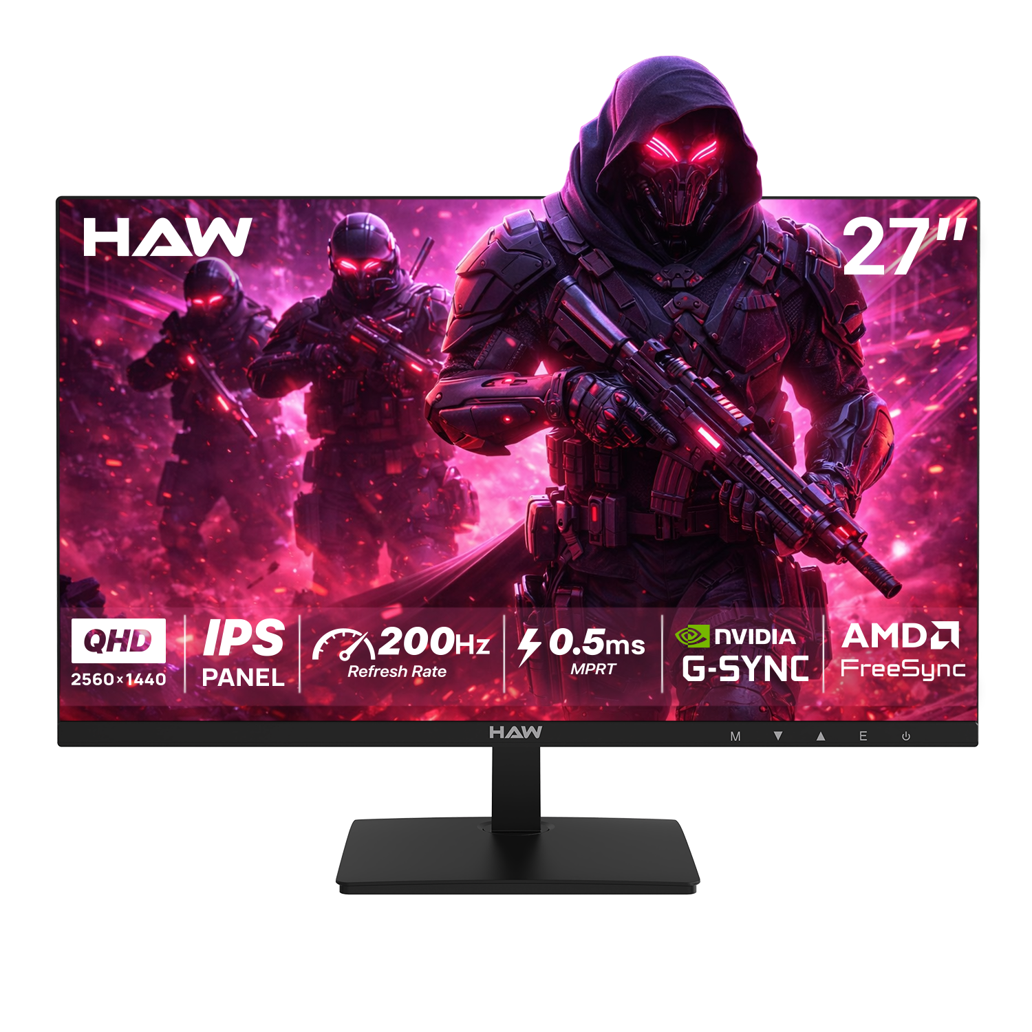 HAW Q27IPY1 27 Inch Gaming Monitor, QHD (2560×1440) IPS Display, 200Hz Refresh Rate, 0.5ms MPRT, G-Sync & FreeSync Compatible, Built-In Speakers, Flat Screen, PC & Console Ready - Black