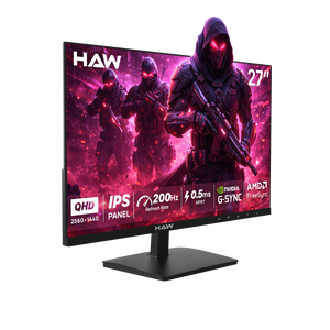 HAW Q27IPY1 27 Inch Gaming Monitor, QHD (2560×1440) IPS Display, 200Hz Refresh Rate, 0.5ms MPRT, G-Sync & FreeSync Compatible, Built-In Speakers, Flat Screen, PC & Console Ready - Black