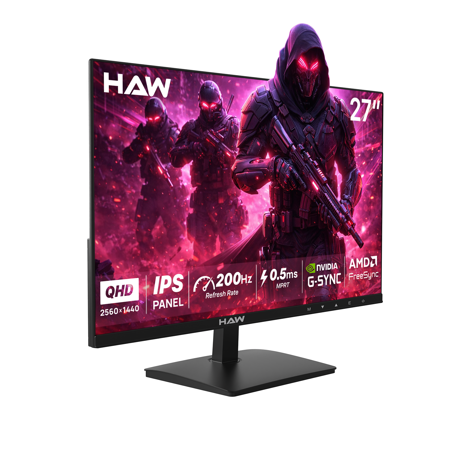 HAW Q27IPY1 27 Inch Gaming Monitor, QHD (2560×1440) IPS Display, 200Hz Refresh Rate, 0.5ms MPRT, G-Sync & FreeSync Compatible, Built-In Speakers, Flat Screen, PC & Console Ready - Black