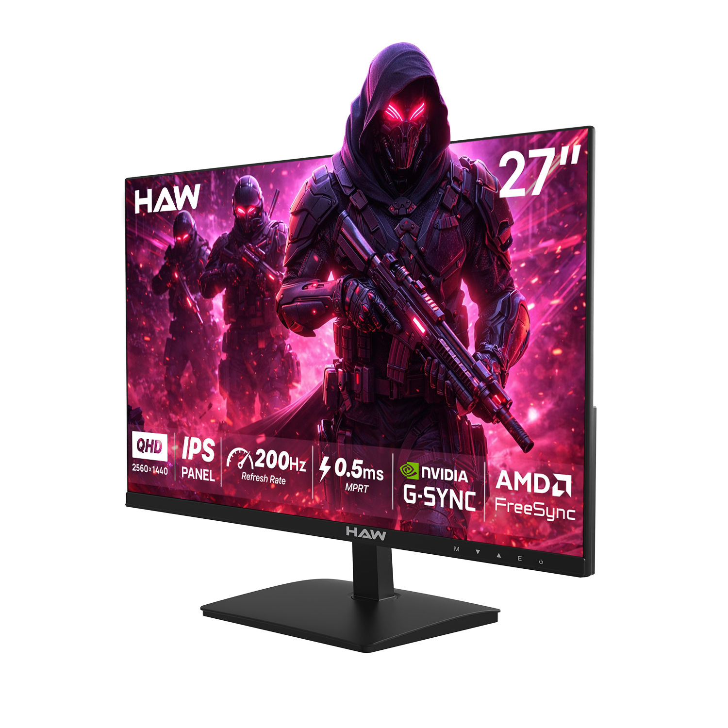 HAW Q27IPY1 27 Inch Gaming Monitor, QHD (2560×1440) IPS Display, 200Hz Refresh Rate, 0.5ms MPRT, G-Sync & FreeSync Compatible, Built-In Speakers, Flat Screen, PC & Console Ready - Black