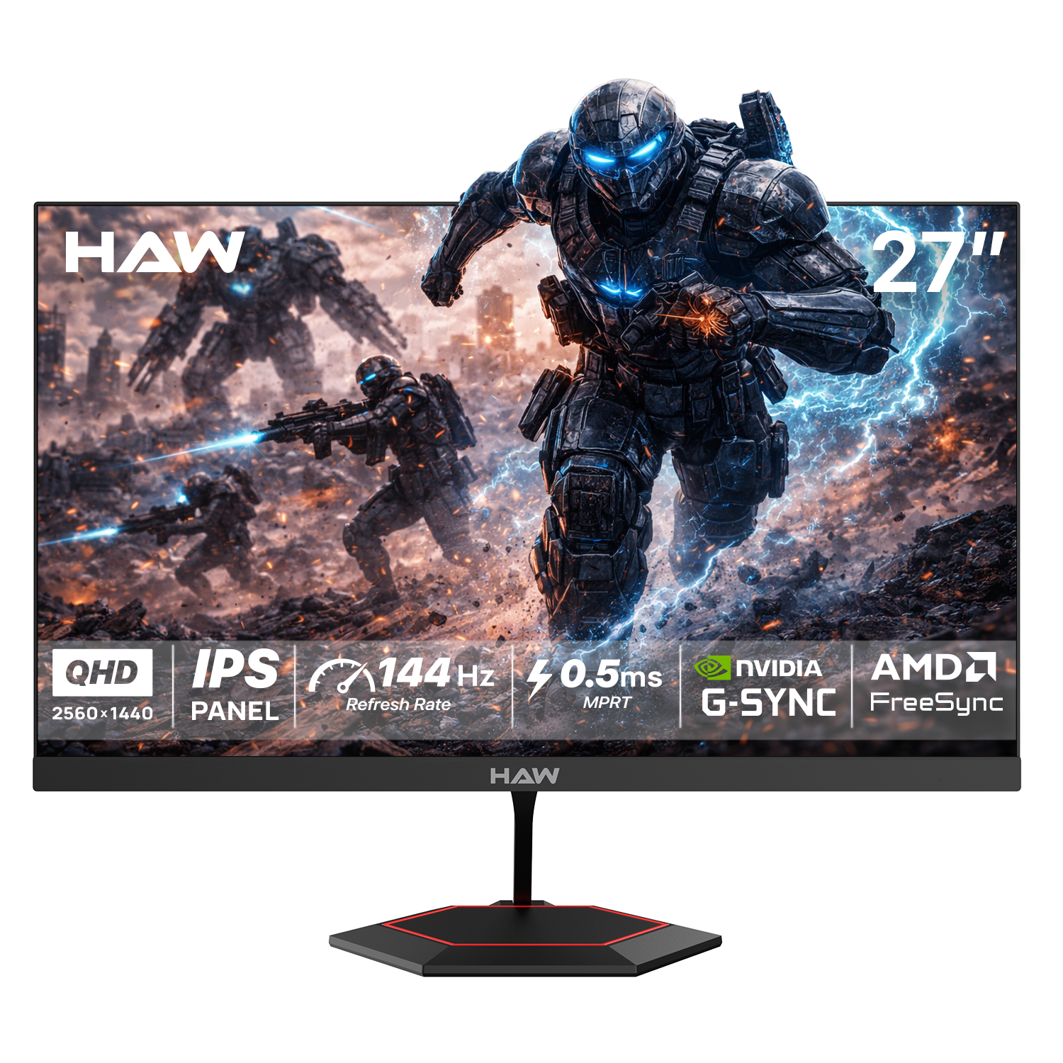 HAW Q27IPY 27 Inch Gaming Monitor, QHD (2560×1440) IPS Display, 144Hz Refresh Rate, 0.5ms MPRT, G-Sync & FreeSync Compatible, Built-In Speakers, Flat Screen, PC & Console Ready - Black
