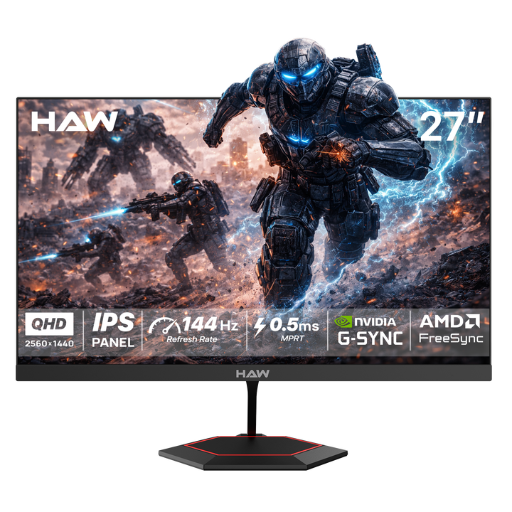 HAW Q27IPY 27 Inch Gaming Monitor, QHD (2560×1440) IPS Display, 144Hz Refresh Rate, 0.5ms MPRT, G-Sync & FreeSync Compatible, Built-In Speakers, Flat Screen, PC & Console Ready - Black