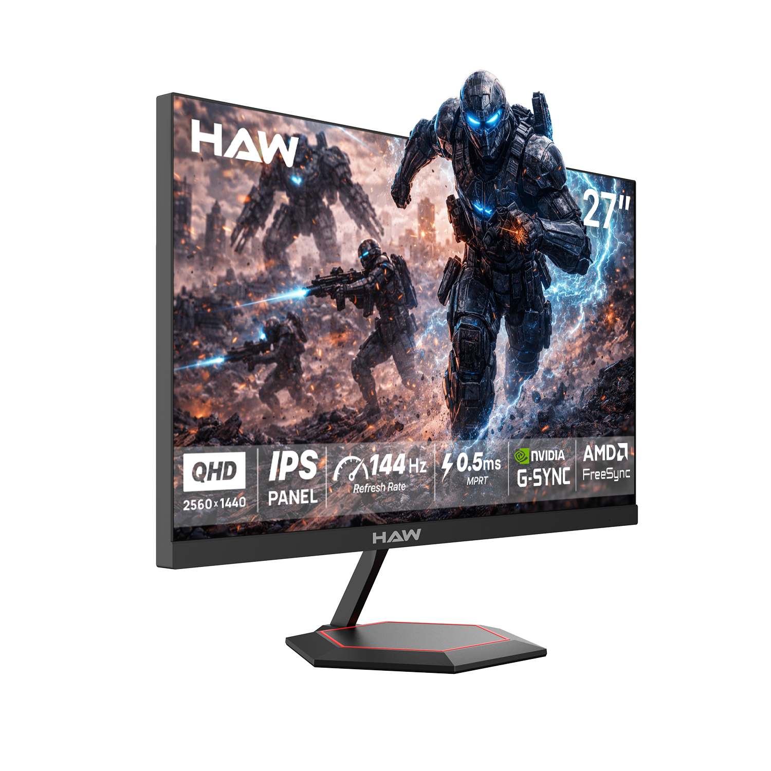 HAW Q27IPY 27 Inch Gaming Monitor, QHD (2560×1440) IPS Display, 144Hz Refresh Rate, 0.5ms MPRT, G-Sync & FreeSync Compatible, Built-In Speakers, Flat Screen, PC & Console Ready - Black