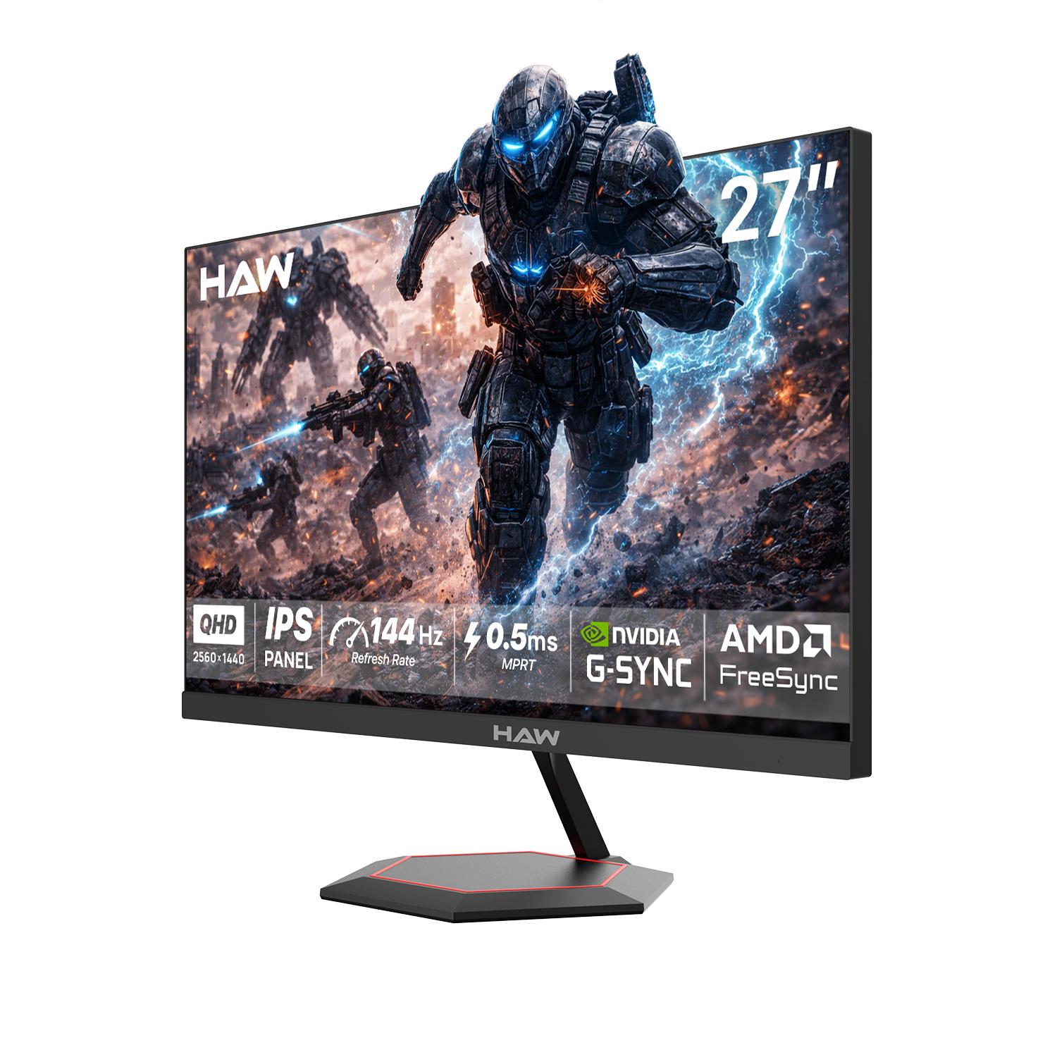 HAW Q27IPY 27 Inch Gaming Monitor, QHD (2560×1440) IPS Display, 144Hz Refresh Rate, 0.5ms MPRT, G-Sync & FreeSync Compatible, Built-In Speakers, Flat Screen, PC & Console Ready - Black
